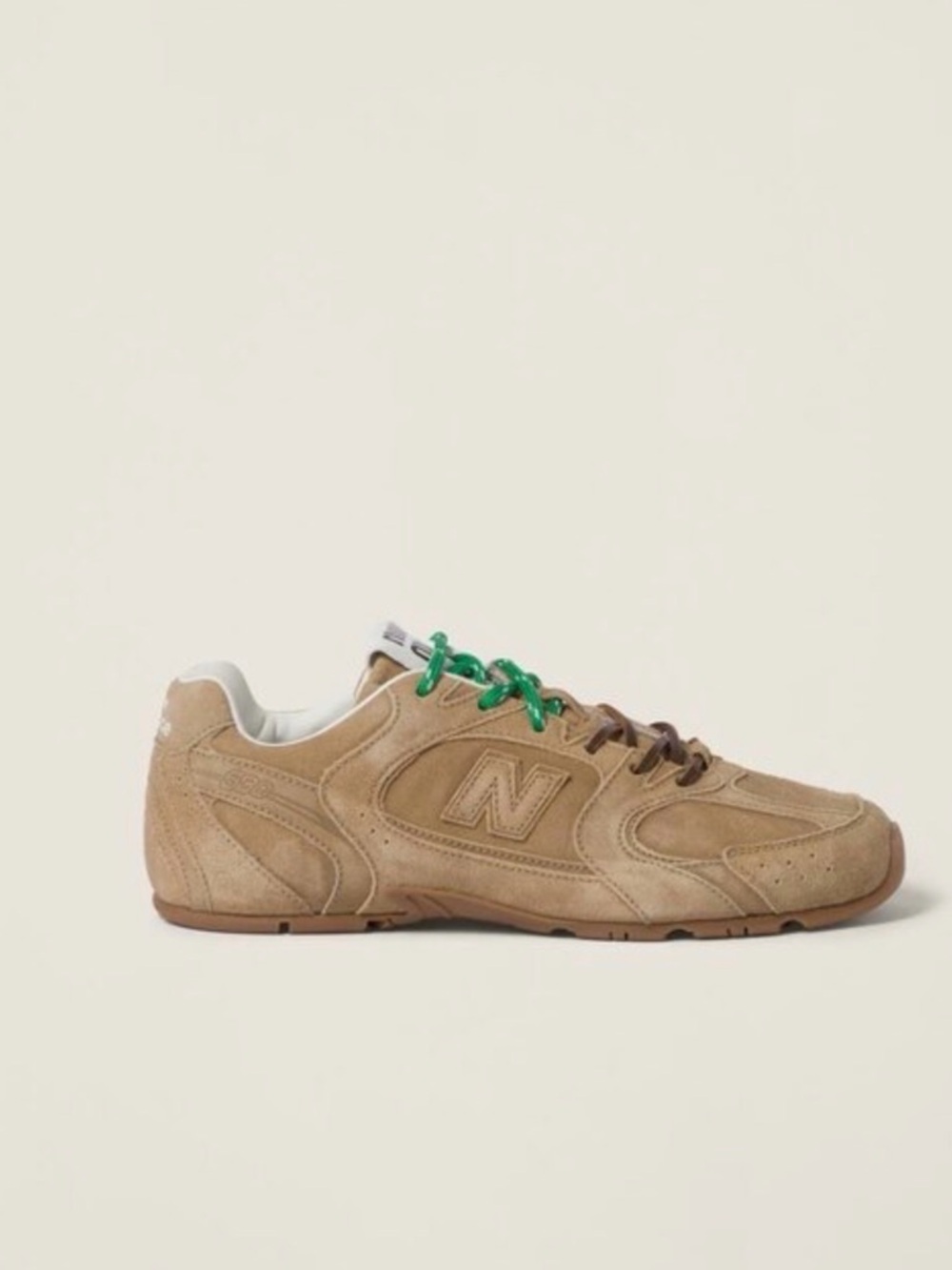 New Balance Tan Suede Sneaker with Green and Brown Laces